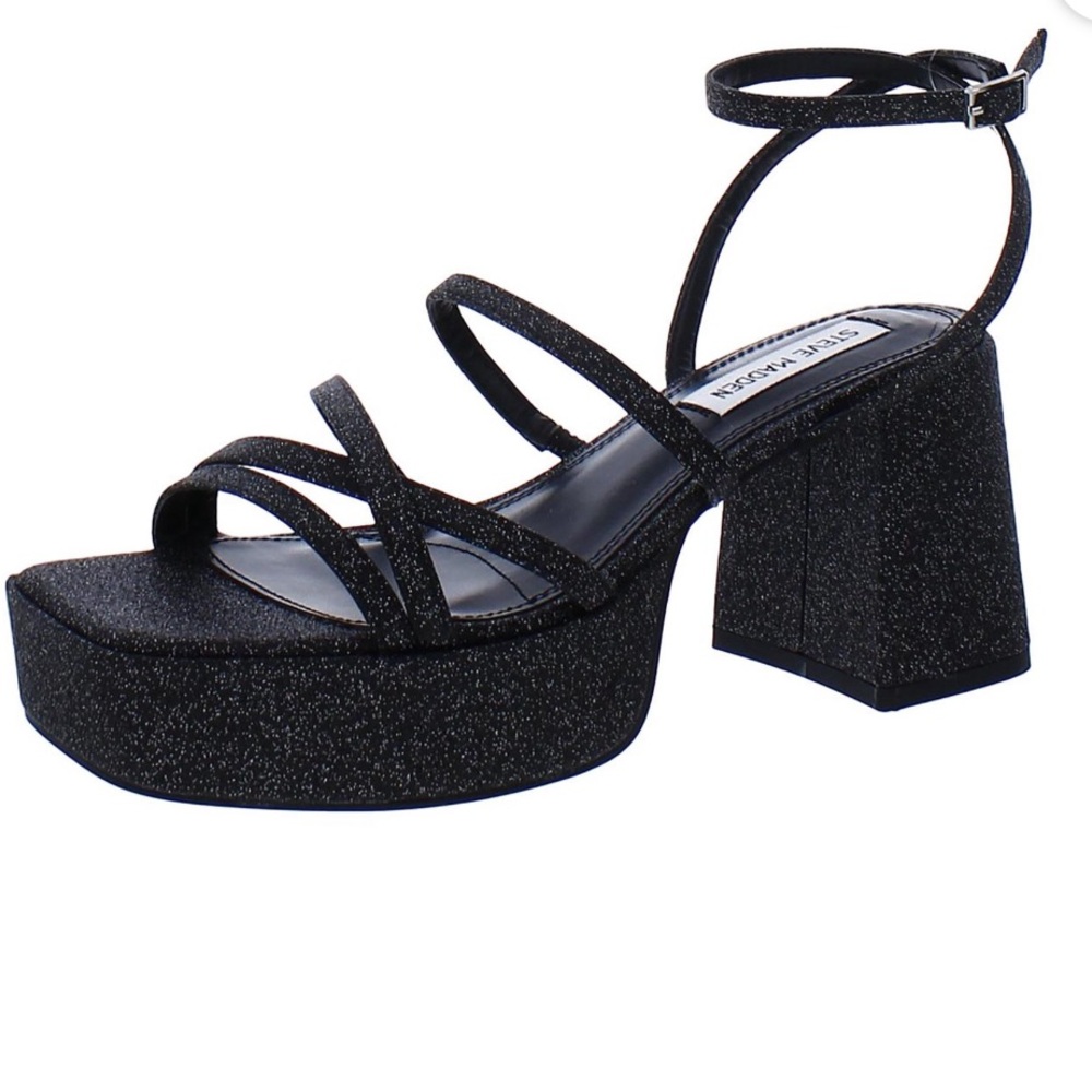 Steve Madden Black Brylee Sparkly Glitter Strappy Chunky Platform Heels NWOT 11